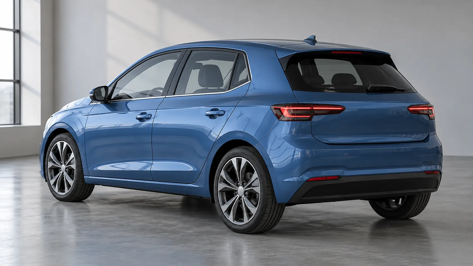 AI-generated illustration of a generic unbranded blue electric hatchback in a neutral studio, not an actual Alpine vehicle