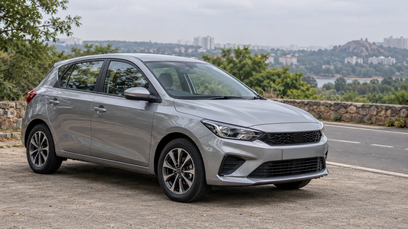 AI-generated illustration of a generic unbranded silver hatchback beside a road near Bengaluru, not an Aptiv test vehicle or autonomous demonstration