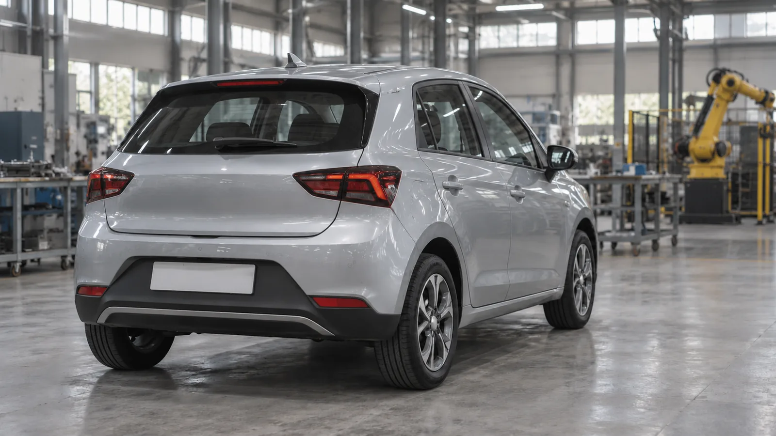 Illustrative unbranded silver electric hatchback inside a generic Indian automotive workshop