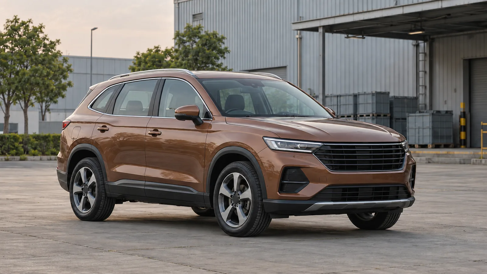 AI-generated illustration of a generic unbranded copper SUV at an Indian industrial site, not an Audi model or the Ingolstadt plant