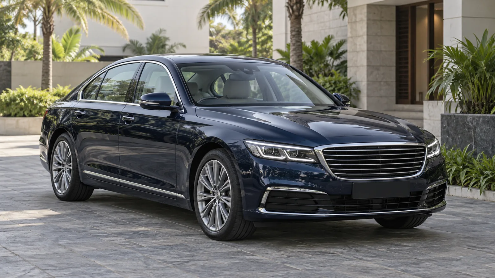 Illustrative unbranded dark blue luxury sedan parked in a Chennai courtyard