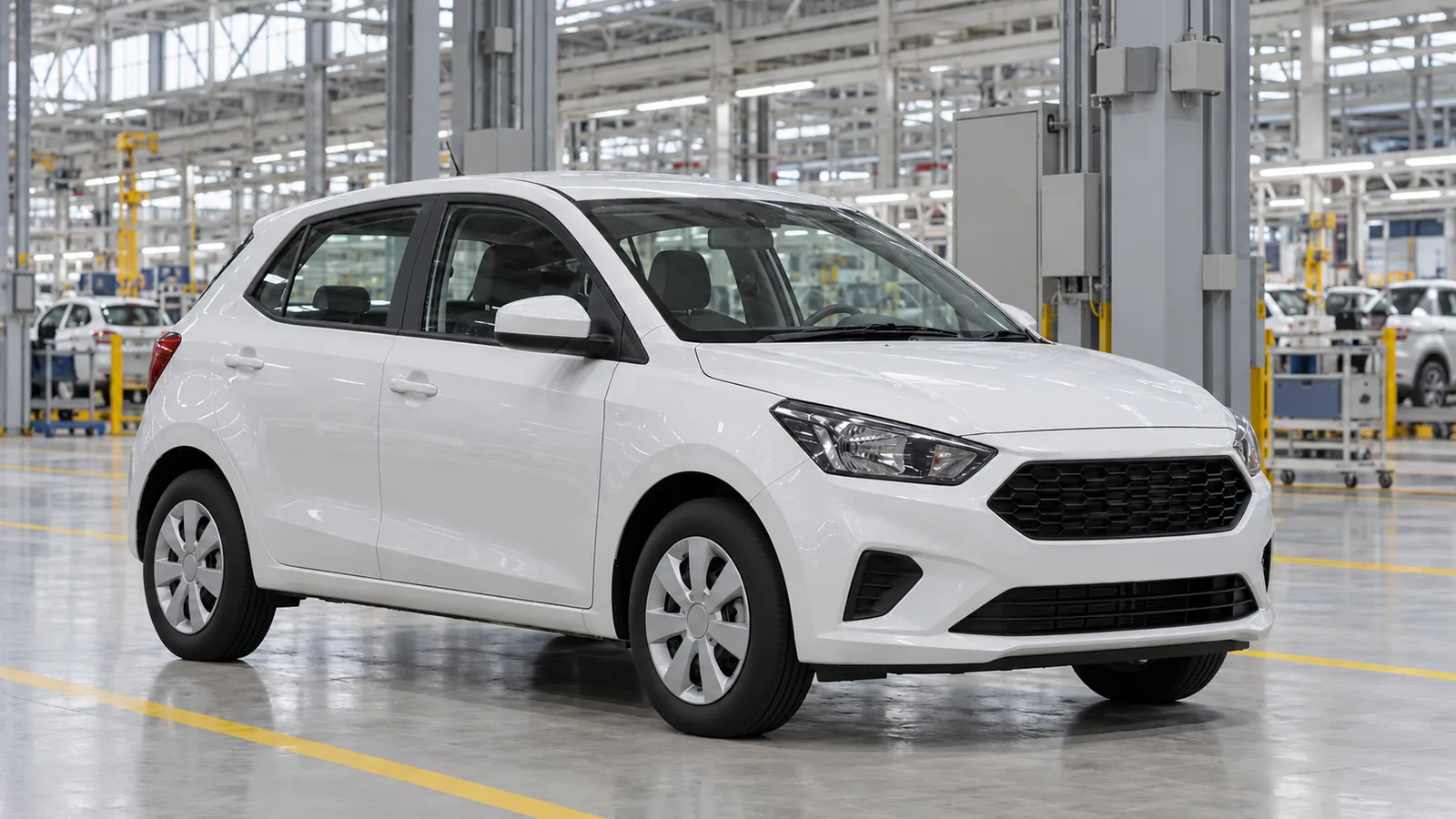 AI-generated generic unbranded white hatchback in an illustrative Indian factory inspection area, not a BMW or MINI vehicle