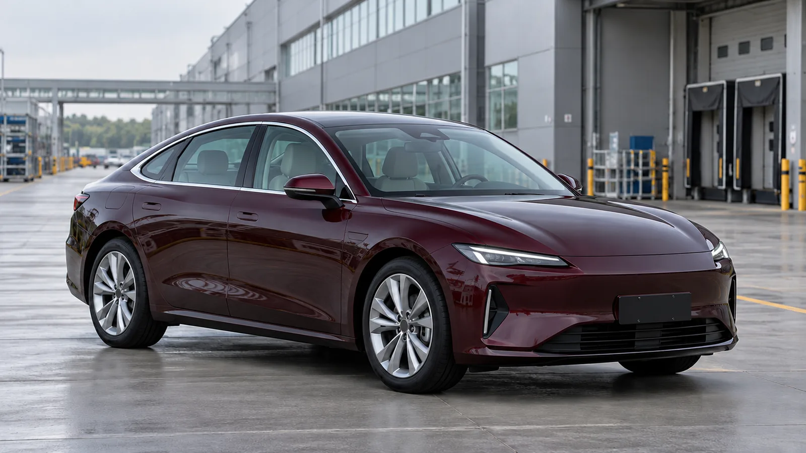 Generic burgundy electric sedan in a practical automotive factory dispatch bay, illustrative scene