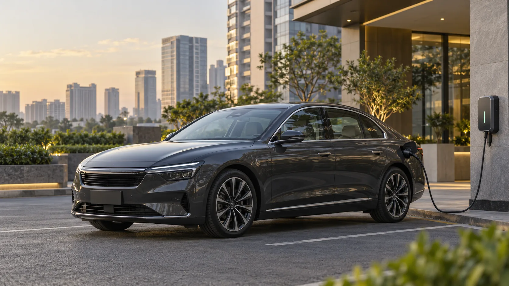 Illustrative unbranded long-wheelbase electric luxury sedan charging outside a modern Gurugram residence