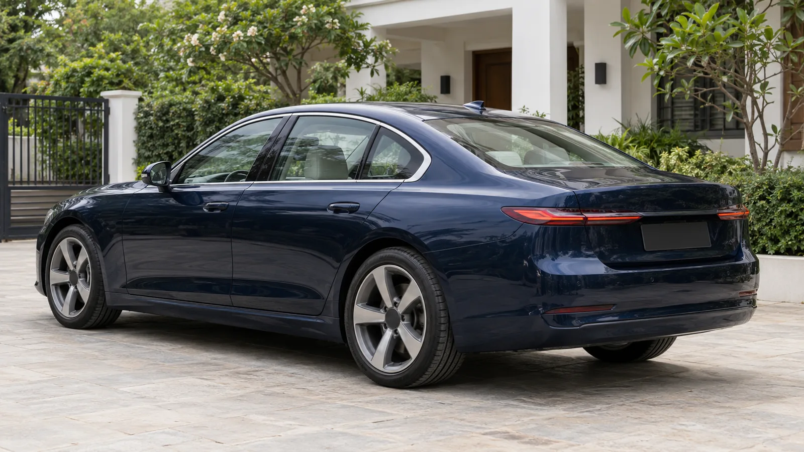 AI-generated illustration of a generic unbranded navy electric sedan in an Indian driveway, not an actual BMW i5 LWB or official design