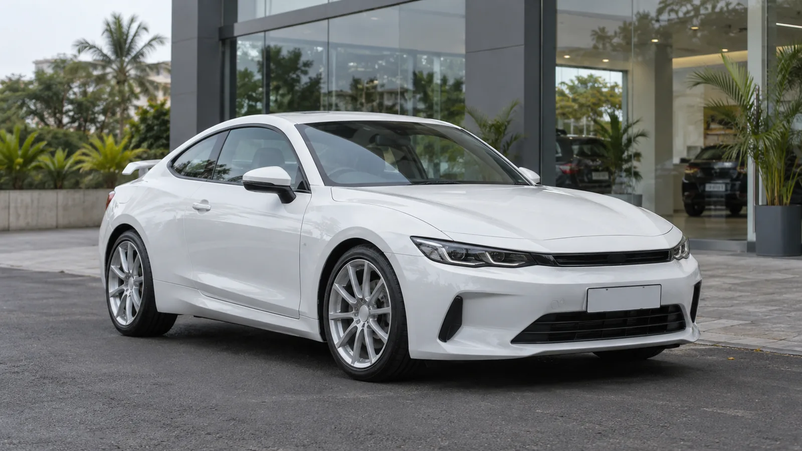 Illustrative unbranded white two-door sports coupe outside a Bengaluru showroom