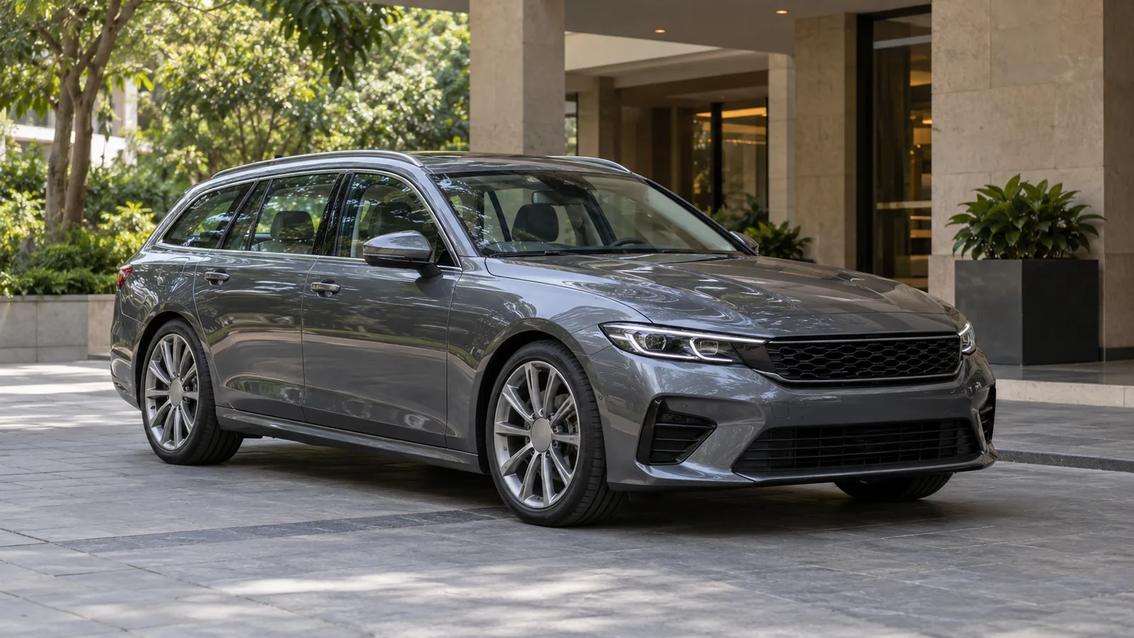 AI-generated illustration of a generic unbranded grey performance estate outside an Indian hotel, not an actual BMW M5 Touring