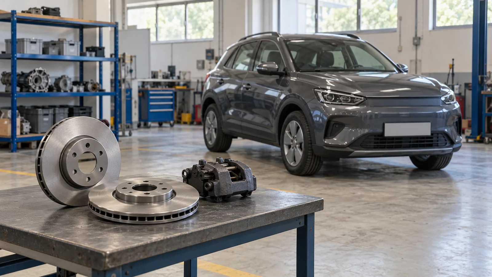 Generic brake discs and caliper on a workshop bench beside an unbranded grey car, illustrative scene