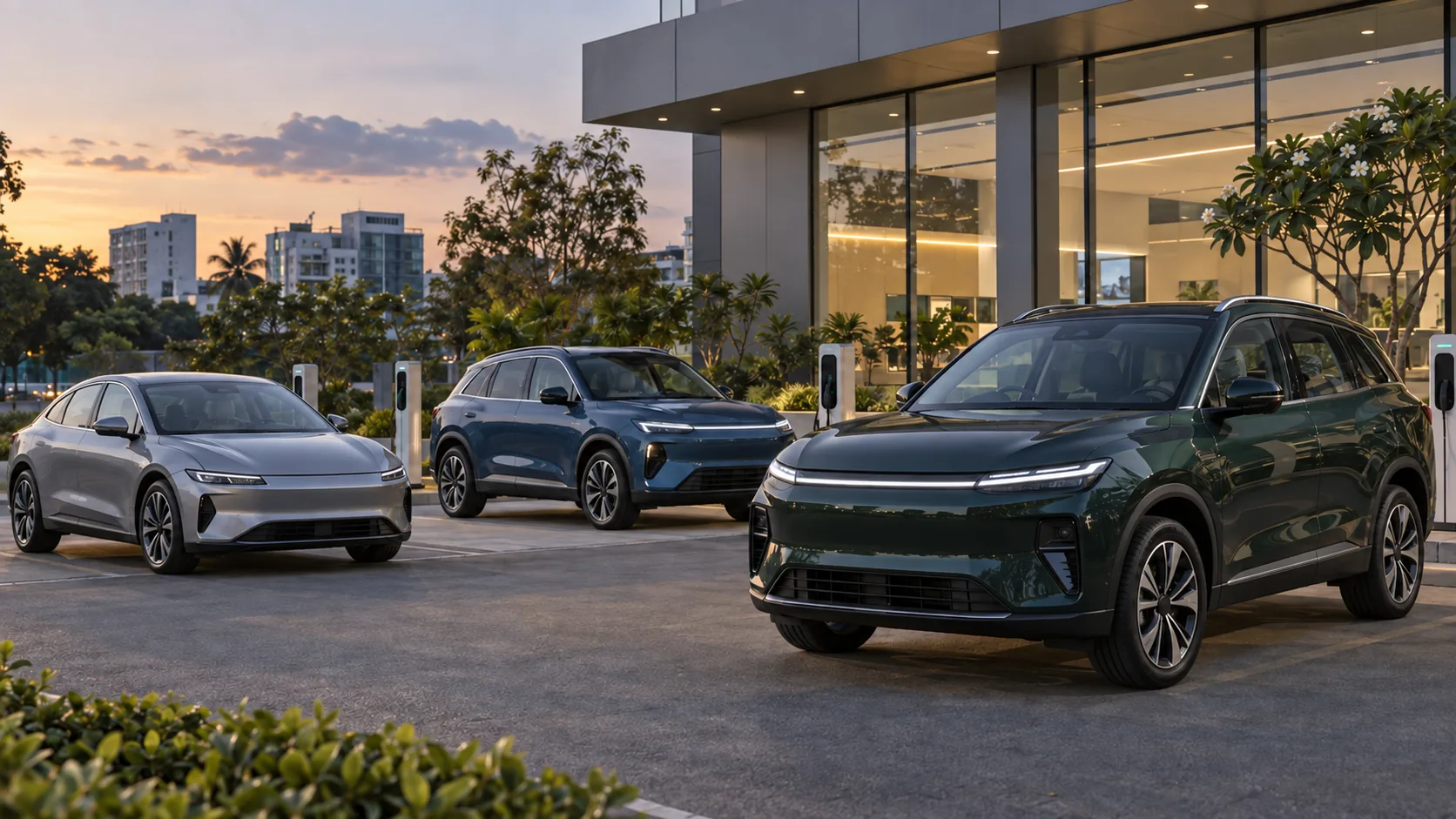 Illustrative unbranded electric vehicles outside a modern Indian showroom at sunset