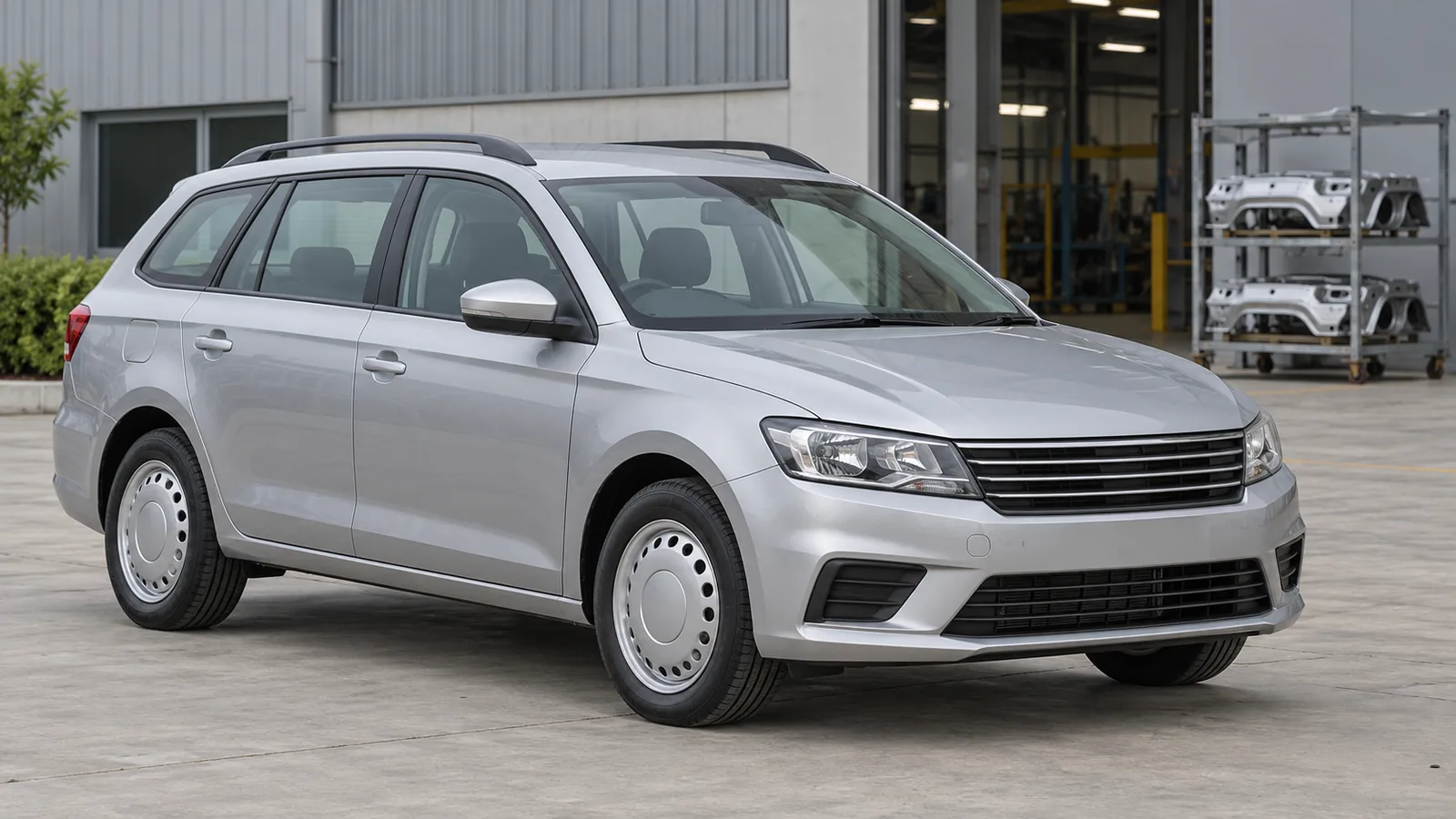 AI-generated generic unbranded silver estate outside an illustrative Indian component facility, not an actual CIE Automotive India vehicle or facility