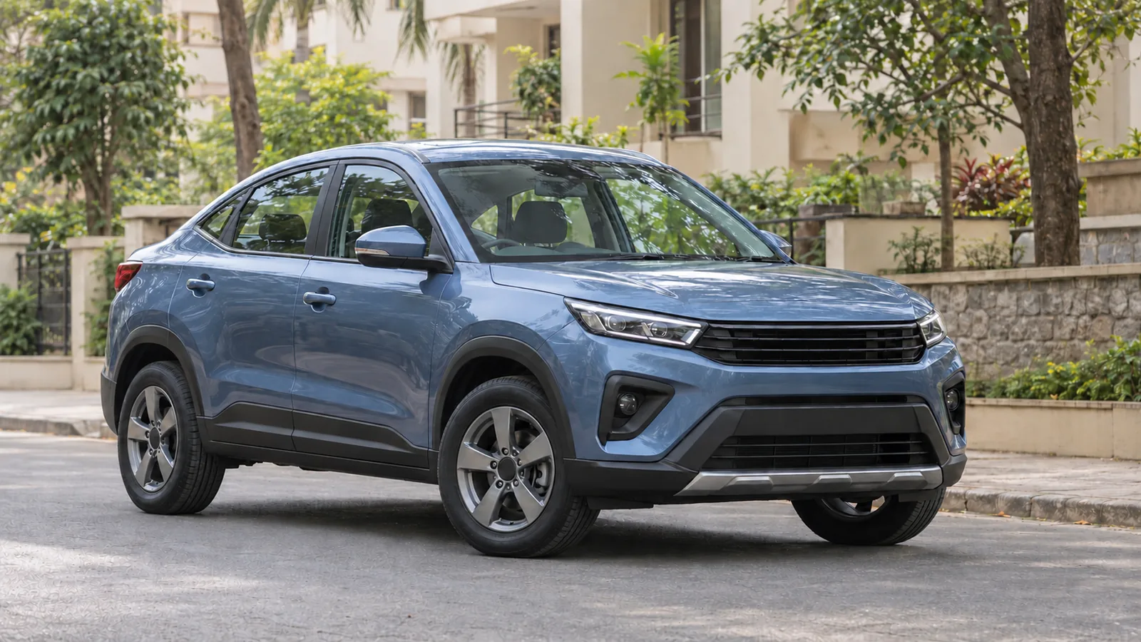 AI-generated illustration of a generic unbranded steel-blue SUV coupe on an Indian residential street, not an actual Citroen BasaltX or official design