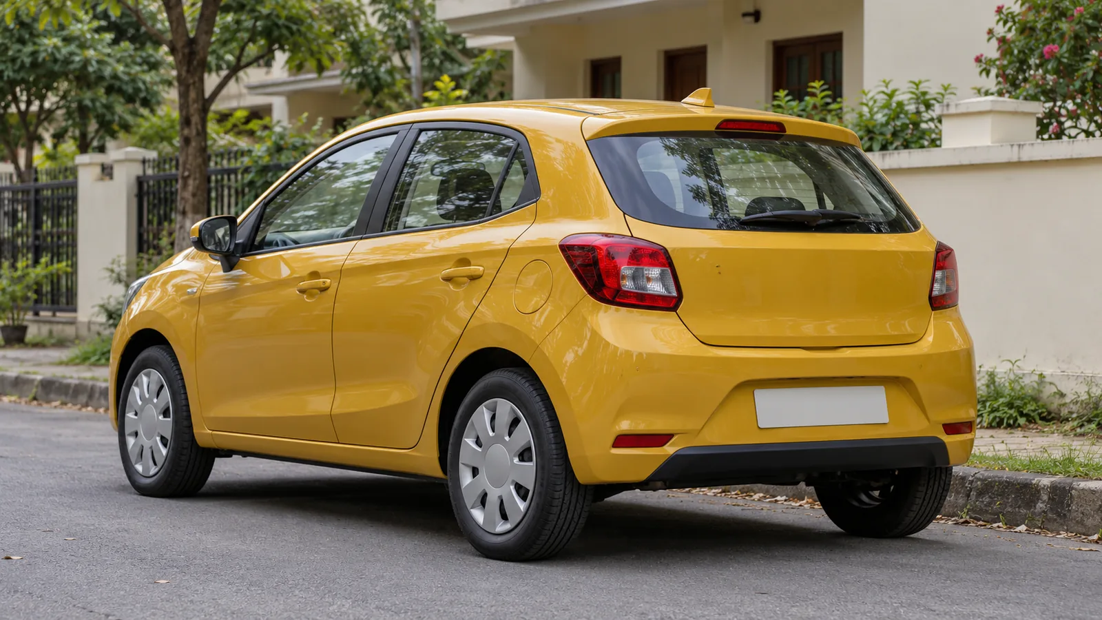 AI-generated generic unbranded yellow compact hatchback on an illustrative Mysuru residential street, not an actual Citroen C3X