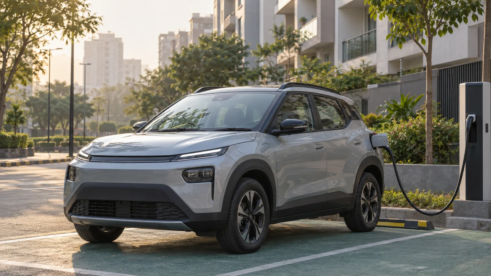Illustrative generic unbranded compact electric crossover charging in a modern Indian residential neighbourhood