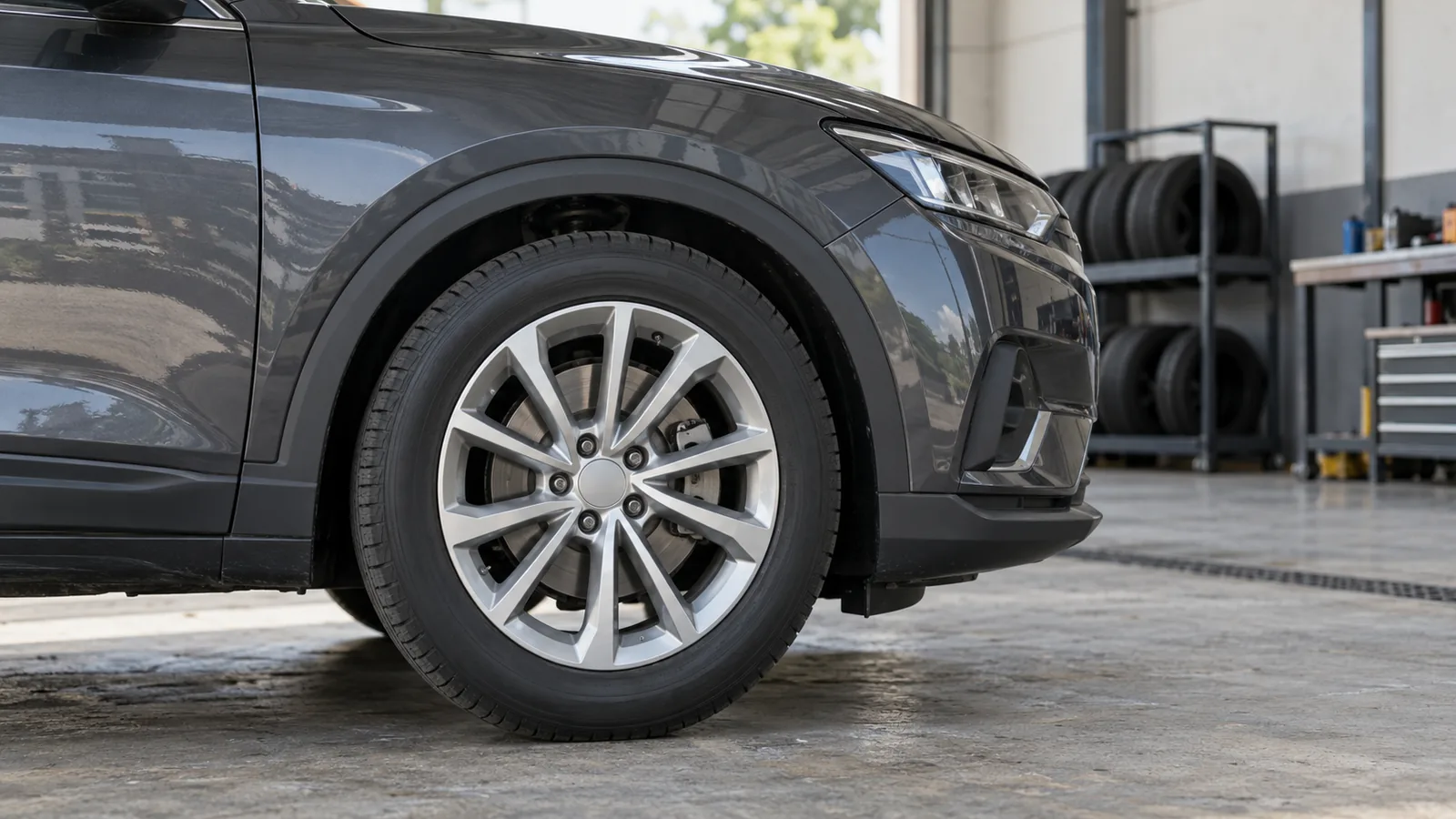 Illustrative close view of a generic graphite-grey crossover wheel and tyre inside an Indian tyre service workshop