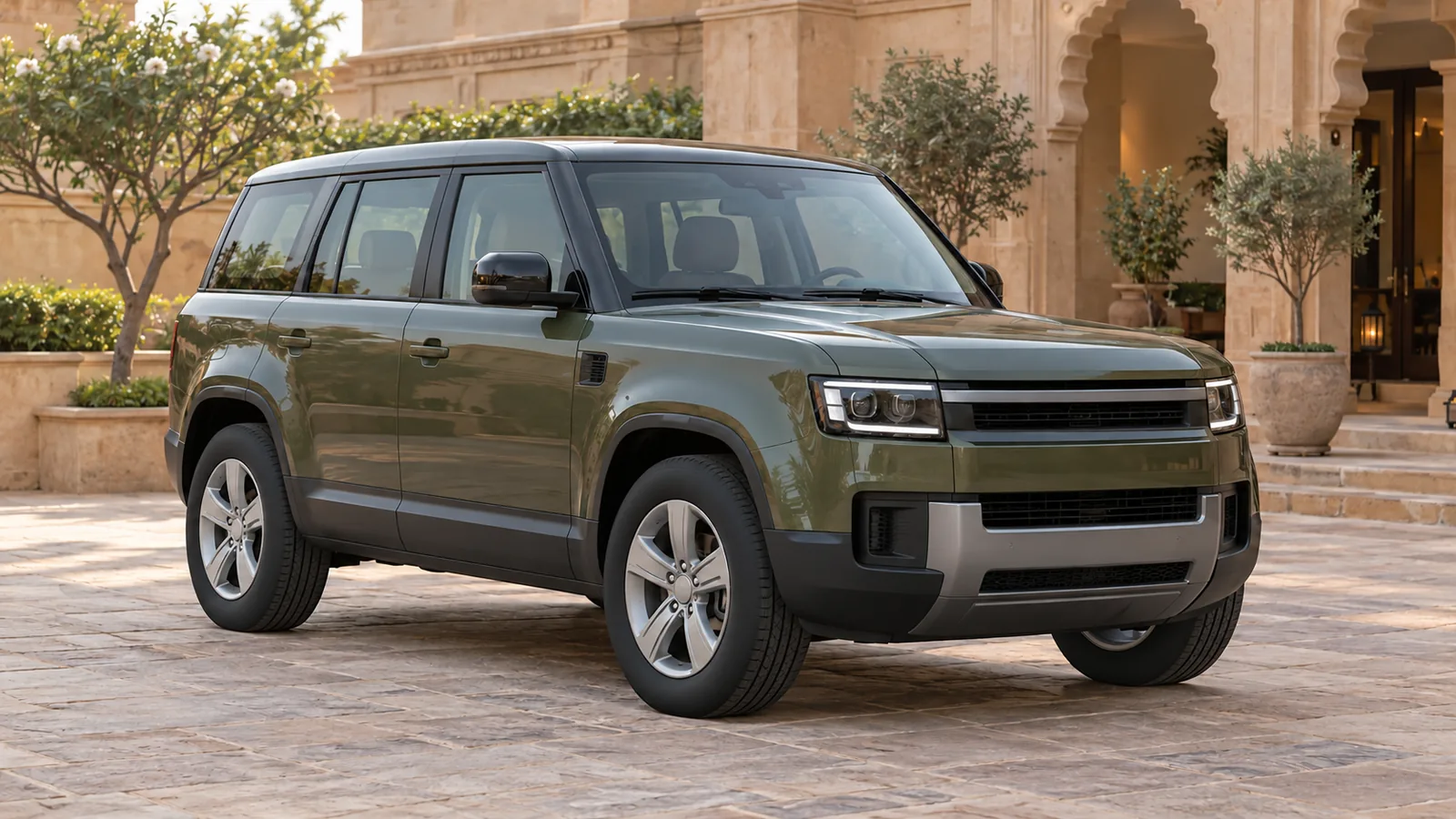 AI-generated generic olive utility SUV in a Jaipur courtyard, not an actual Defender 110