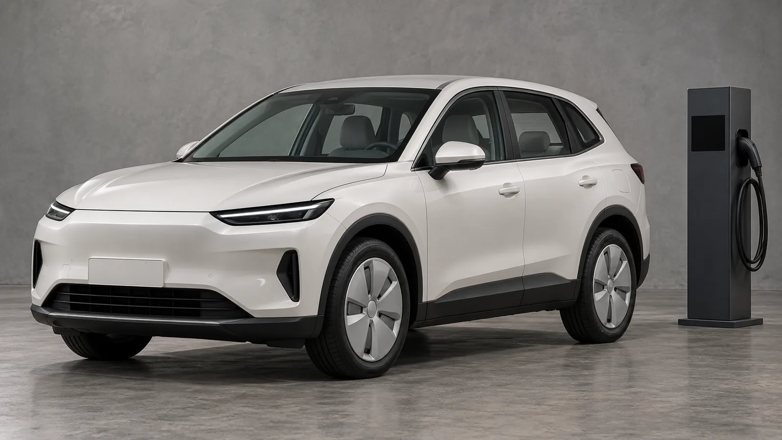 AI-generated generic unbranded white electric crossover and charging pedestal in a studio, not a Tesla vehicle or ChargedEV station