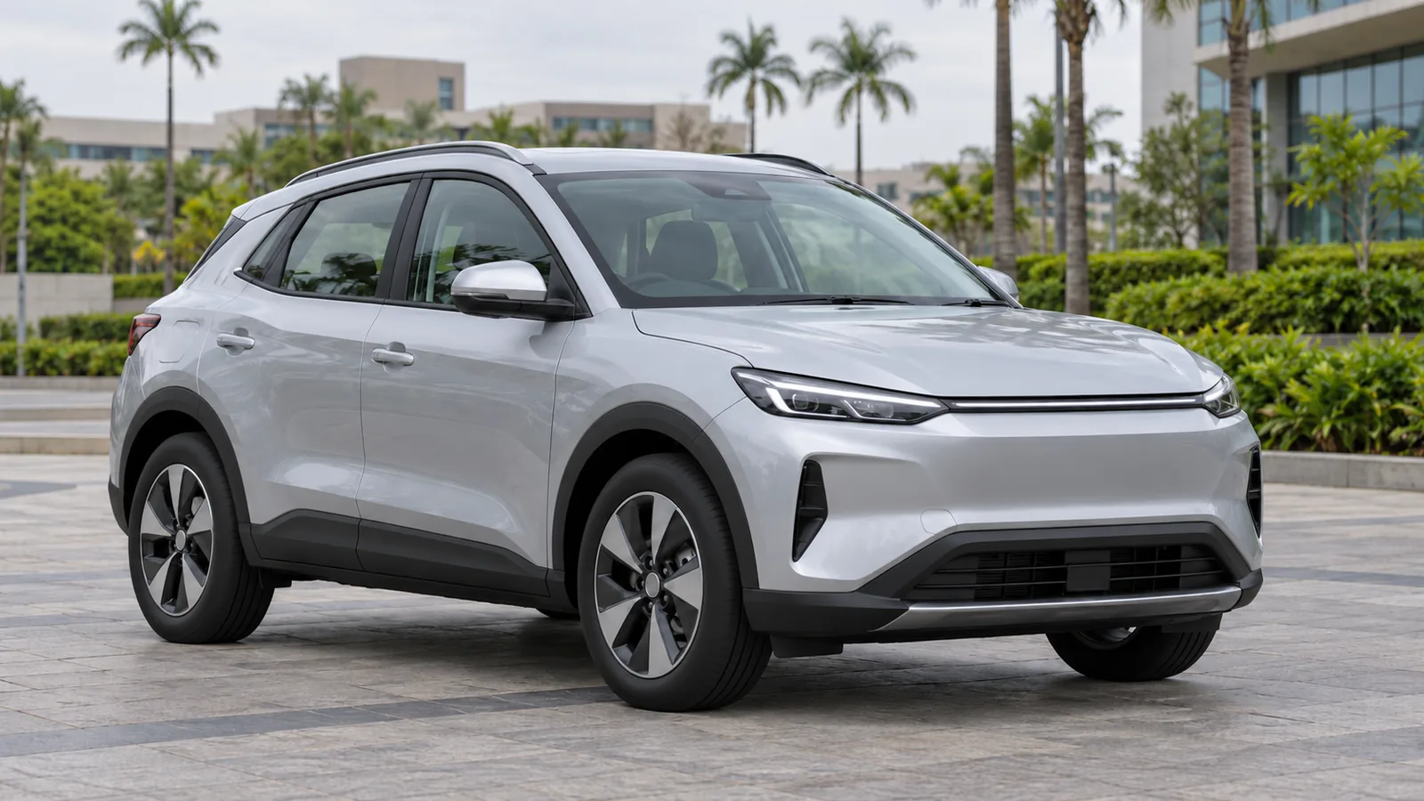 AI-generated generic silver electric crossover in an Indian office forecourt, not a Ford vehicle or UEV design