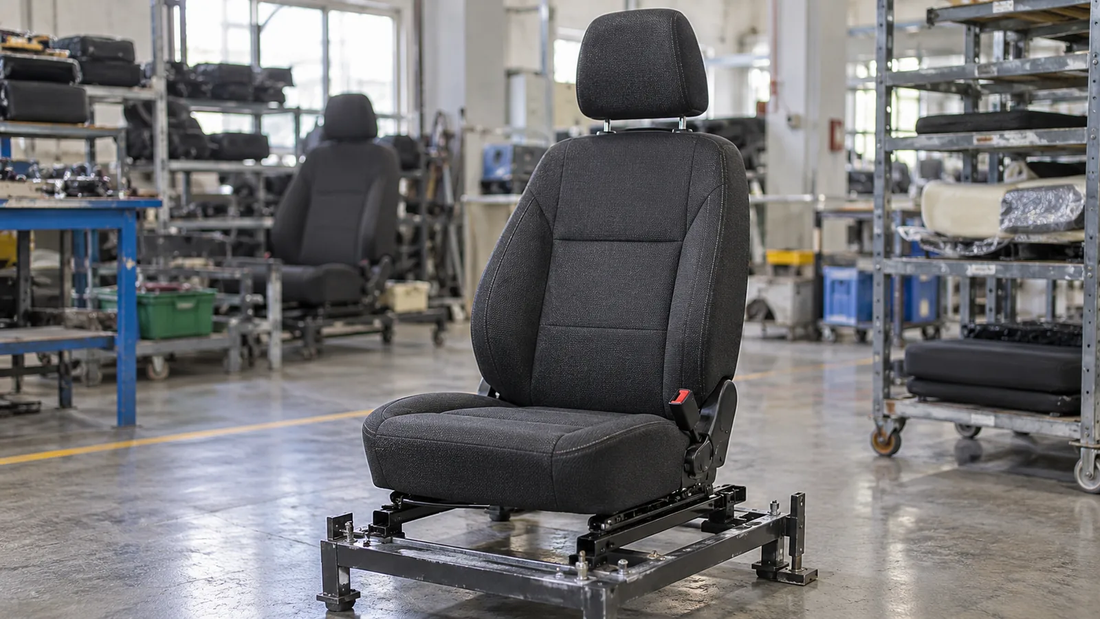 Illustrative generic charcoal fabric car seat on an assembly fixture in an automotive workshop