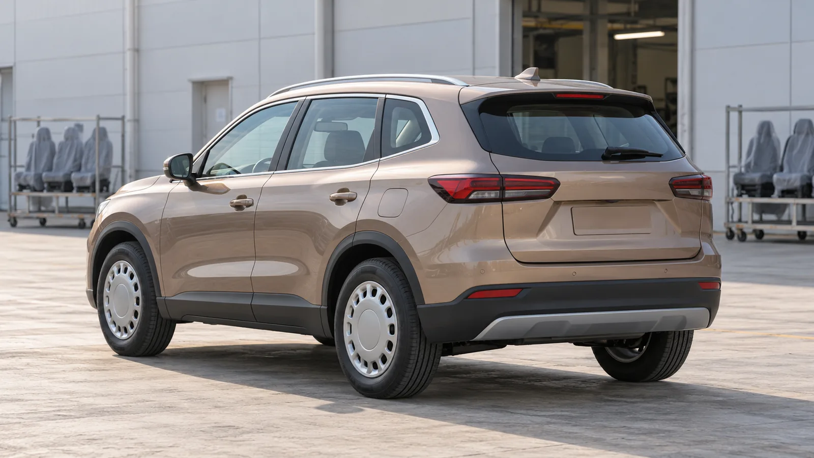AI-generated generic bronze crossover outside an illustrative Indian component facility, not an actual FORVIA or Great Wall Motor vehicle or facility