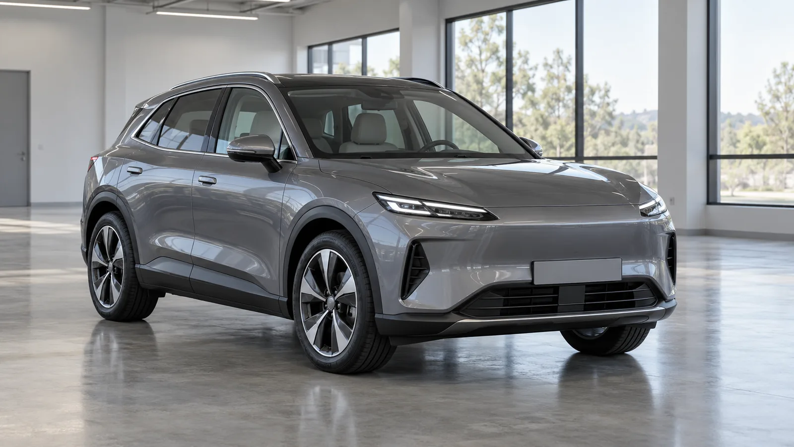 AI-generated illustration of a generic unbranded vehicle in a development studio, not a Foxconn or Mitsubishi Electric vehicle or facility