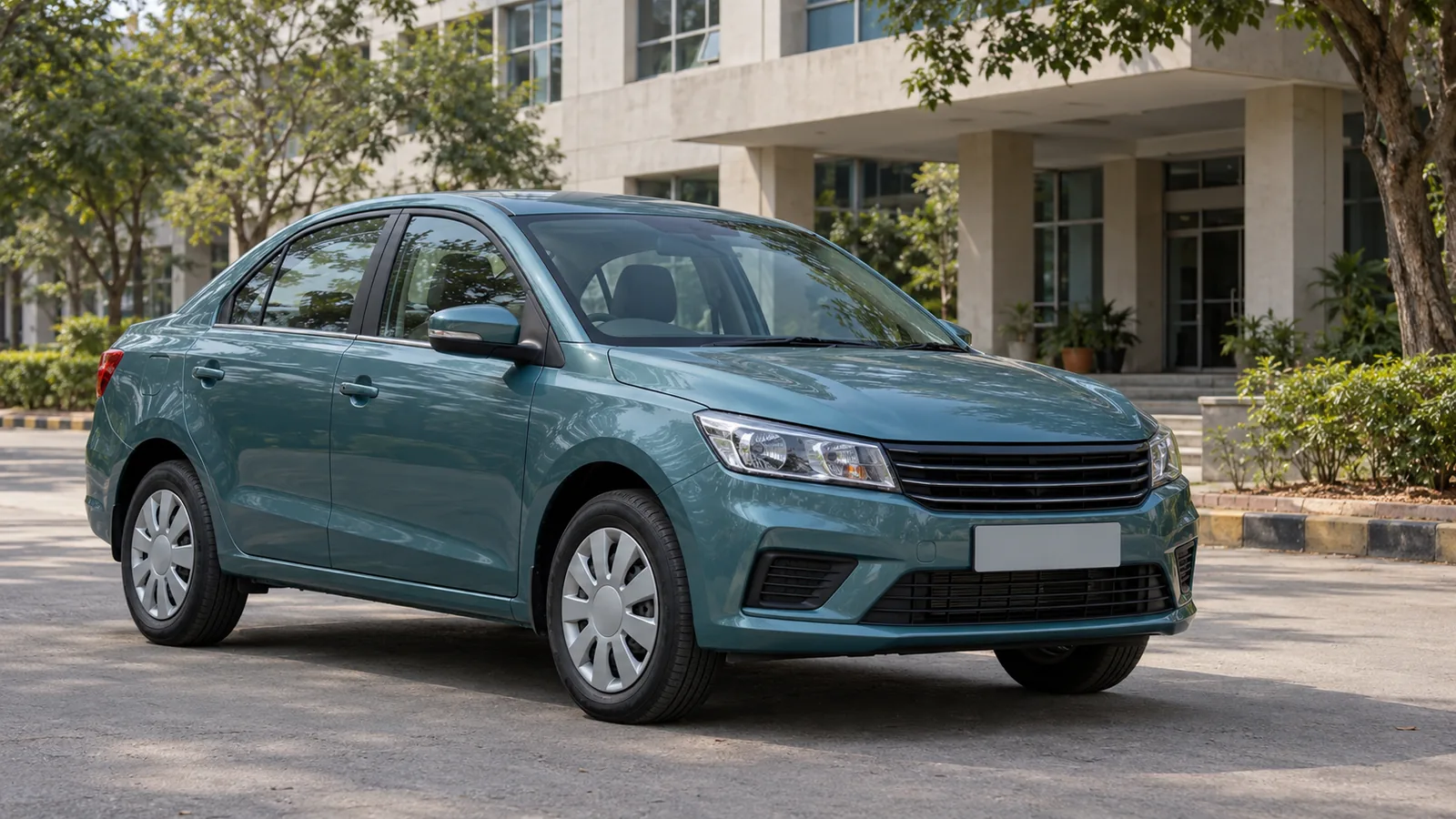 AI-generated generic unbranded teal sedan outside an illustrative Indian electronics engineering building, not a Gentex customer vehicle or facility