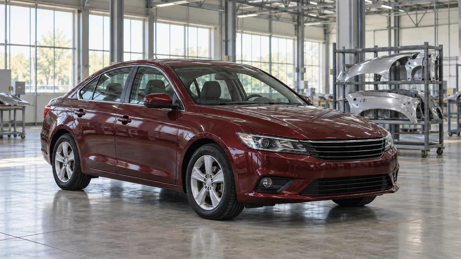 AI-generated illustration of a generic unbranded sedan in a body-component inspection hall, not an actual Gestamp plant or manufacturer model