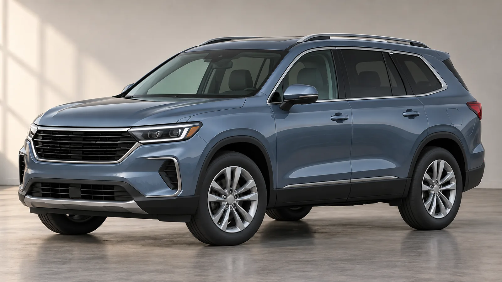 AI-generated generic unbranded slate-blue family SUV in an Indian photography studio, not a GM vehicle or an announced hybrid design