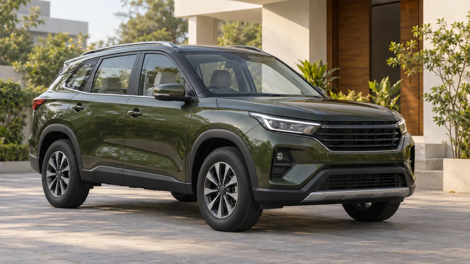 AI-generated generic unbranded olive crossover outside a contemporary Indian home, not the actual Maruti Suzuki Grand Vitara