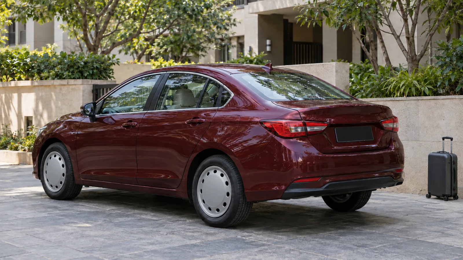 AI-generated illustration of a generic unbranded burgundy sedan beside a suitcase in an Indian driveway, not an actual Honda City or official design