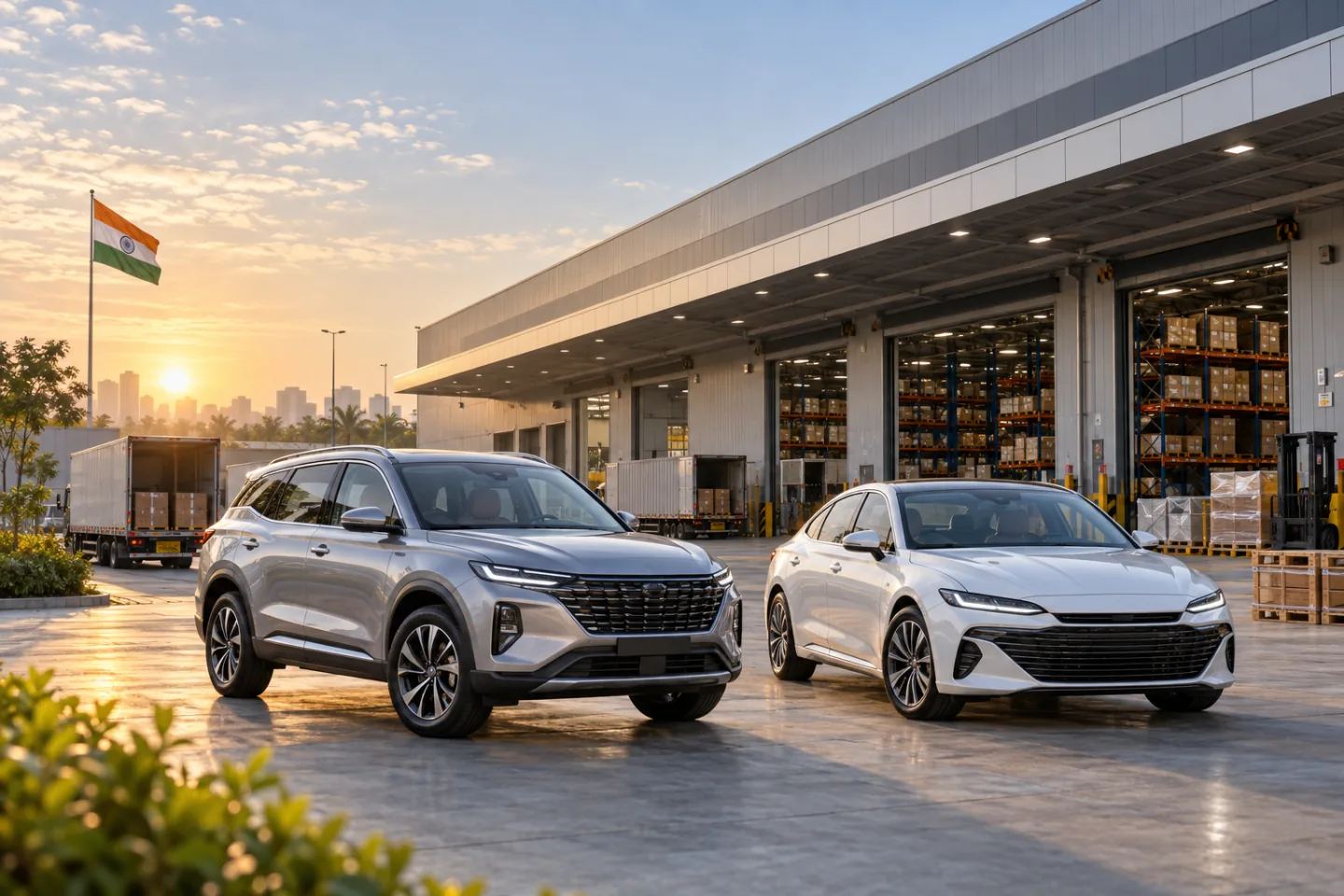 Premium SUV and sedan outside a modern automotive parts distribution hub in India