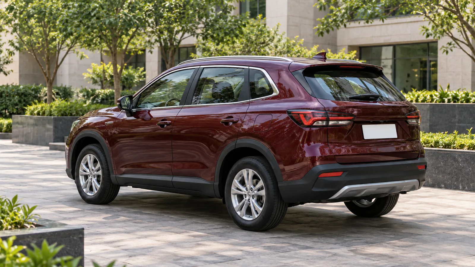 Illustrative unbranded burgundy crossover parked in a landscaped Indian office courtyard