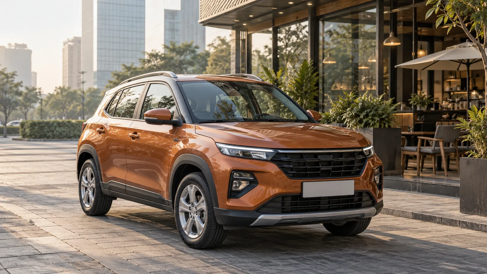 Illustrative unbranded copper orange compact SUV beside a Gurugram cafe
