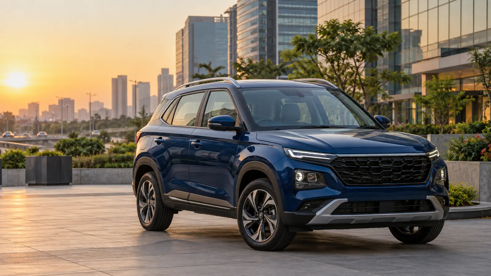 Illustrative blue unbranded mid-size SUV parked in a modern Indian business district
