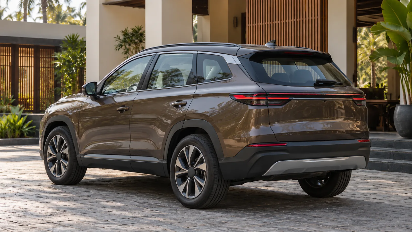 AI-generated illustration of a generic unbranded bronze electric SUV at an Indian hotel, not an actual Hyundai Creta Electric