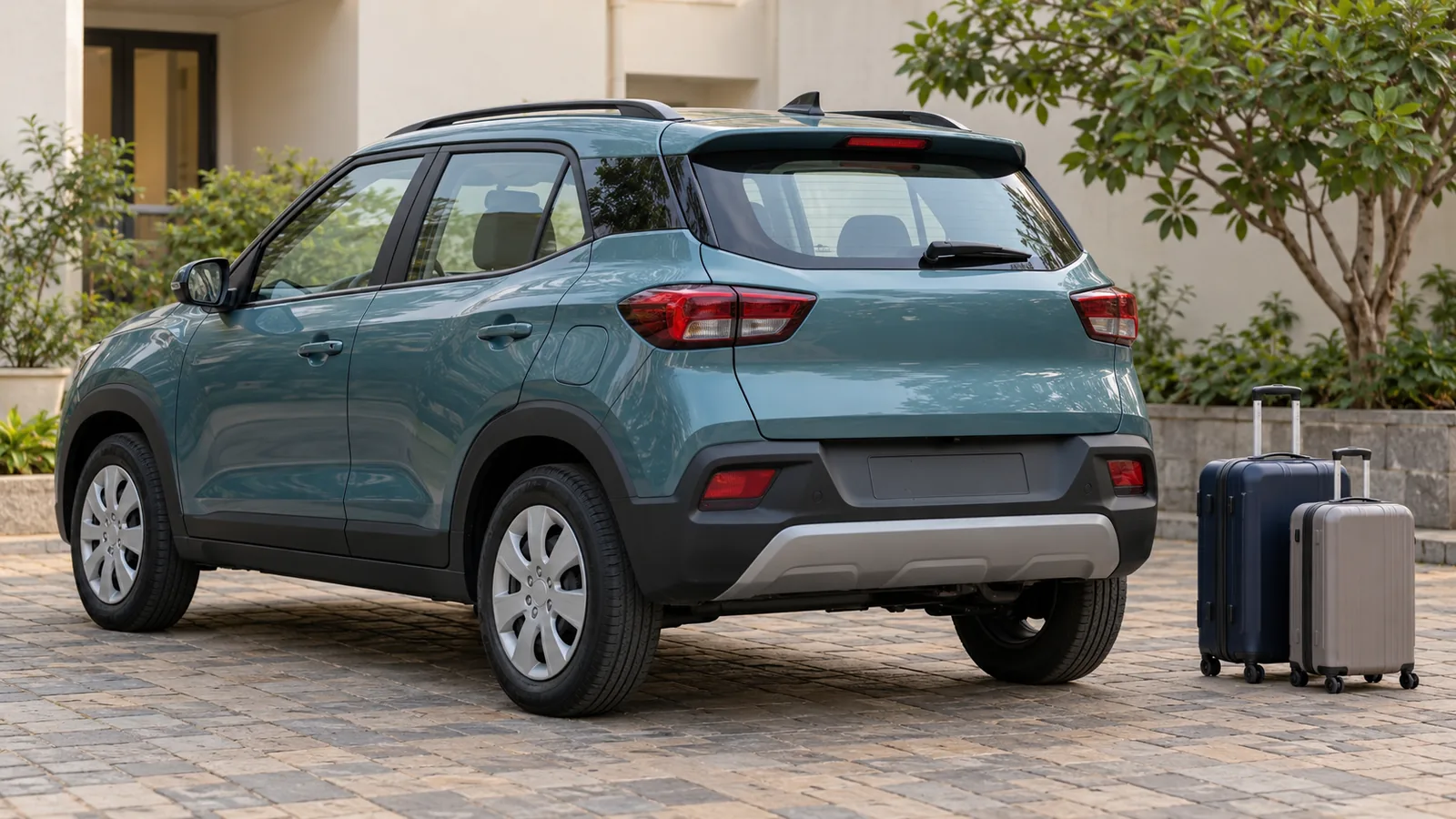 AI-generated generic unbranded teal crossover beside luggage in an Indian courtyard, not the Hyundai Exter or an official Hyundai design