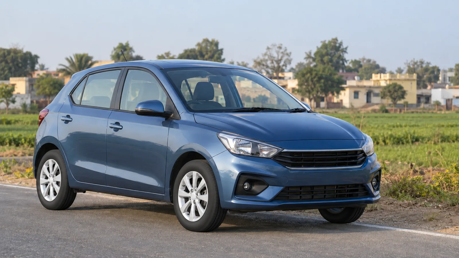 AI-generated generic blue hatchback beside a small-town Indian road, not an actual Hyundai model