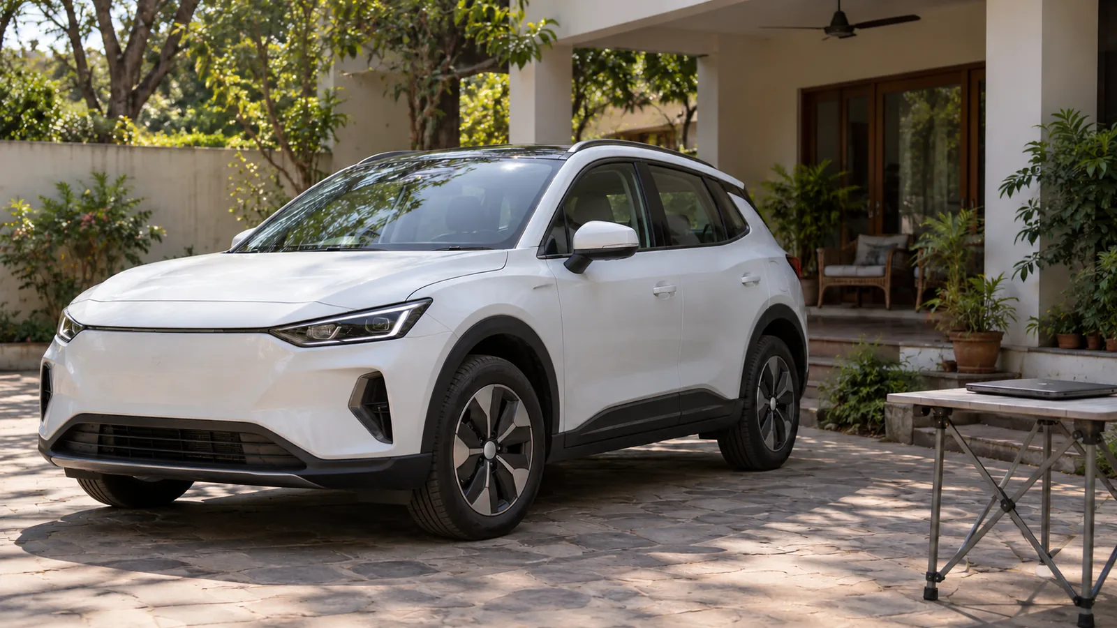 AI-generated illustration of a generic unbranded electric crossover and portable work setup in India, not an official Hyundai Ioniq 5 design
