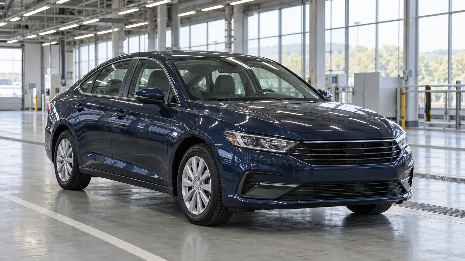 AI-generated illustration of a generic unbranded sedan in an inspection hall, not a Hyundai or Kia model or an actual E-FOREST facility