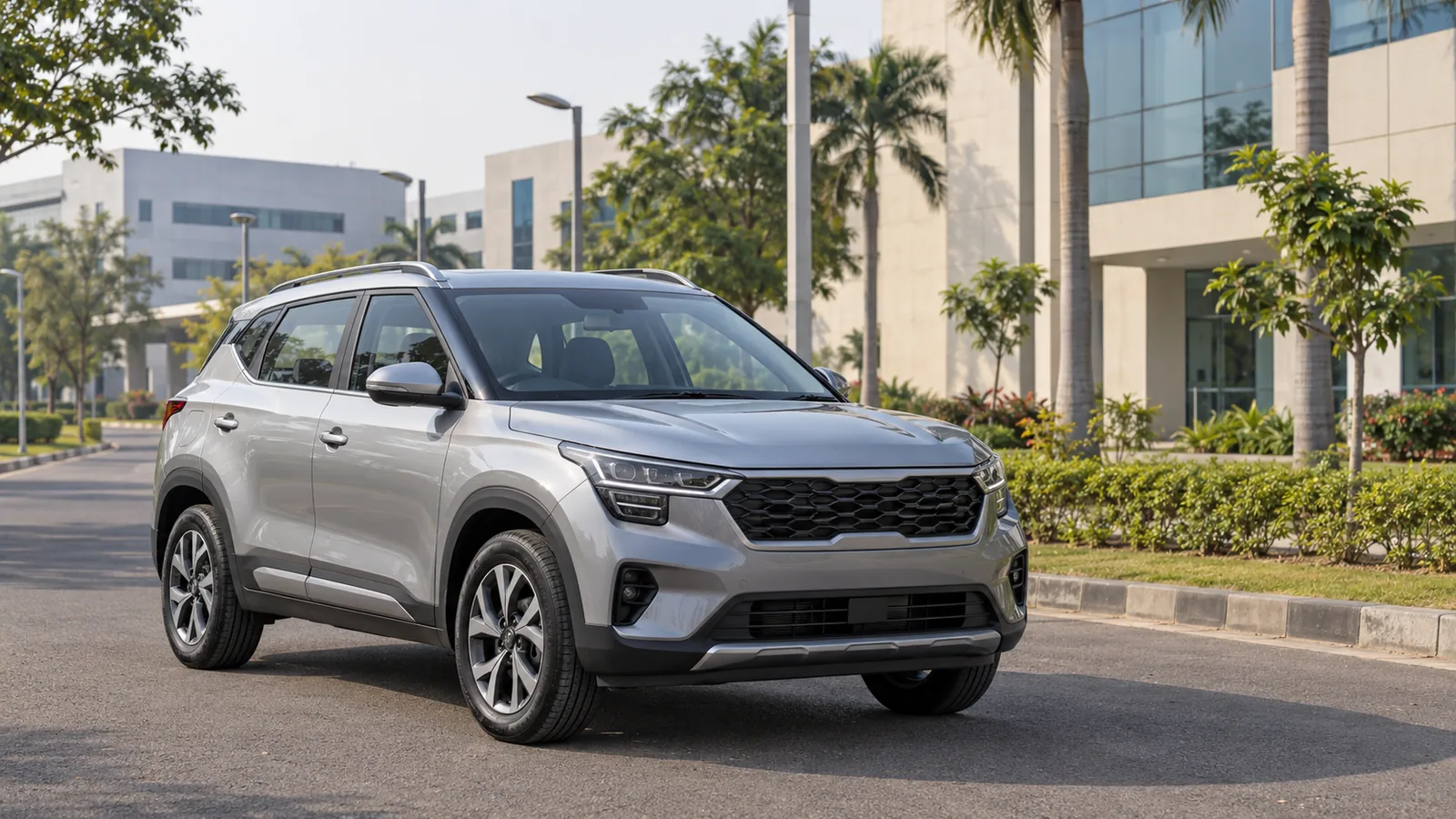 Illustrative unbranded silver SUV beside an automotive engineering campus in Tamil Nadu