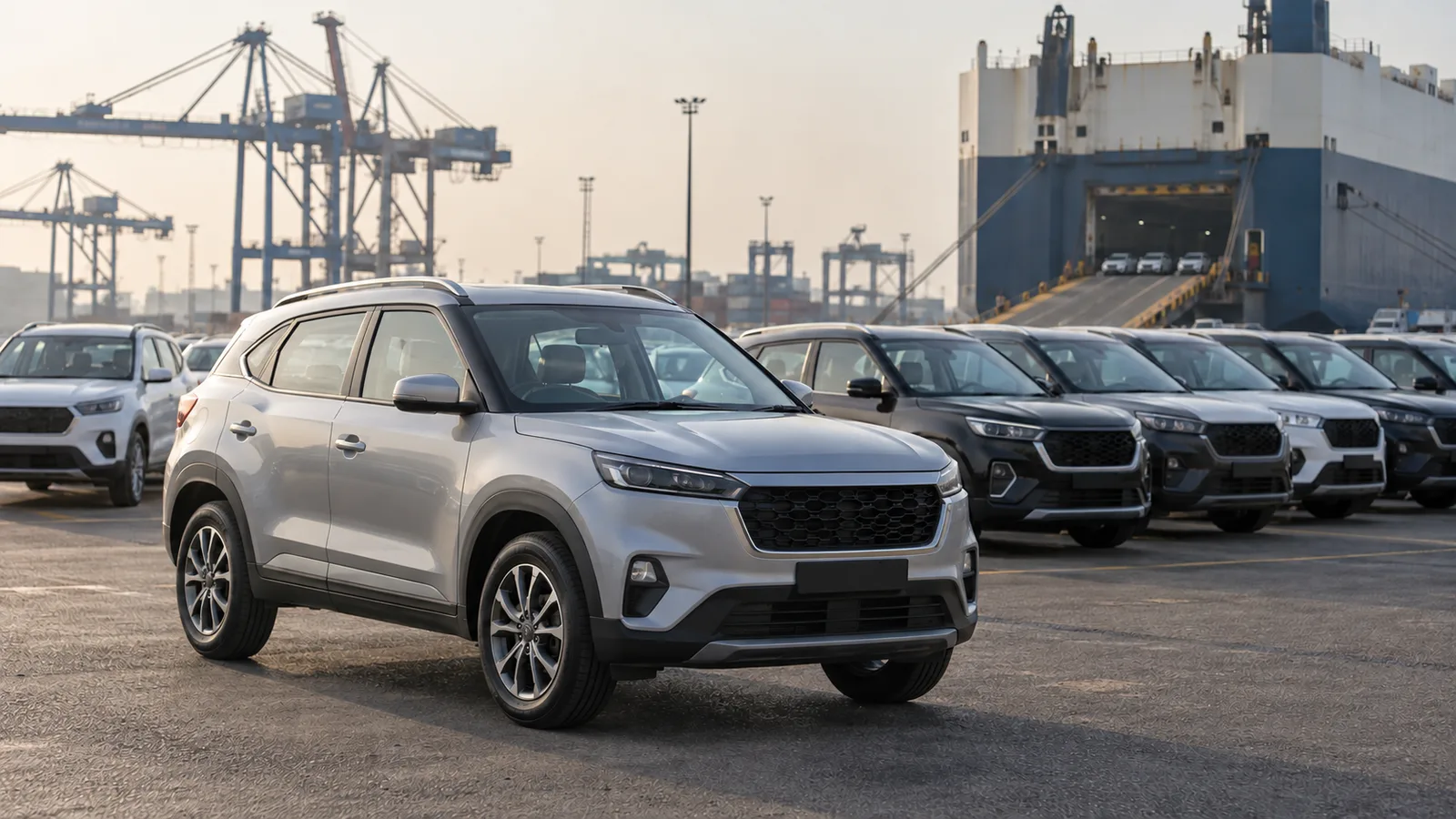 Illustrative generic cars at an Indian vehicle export terminal