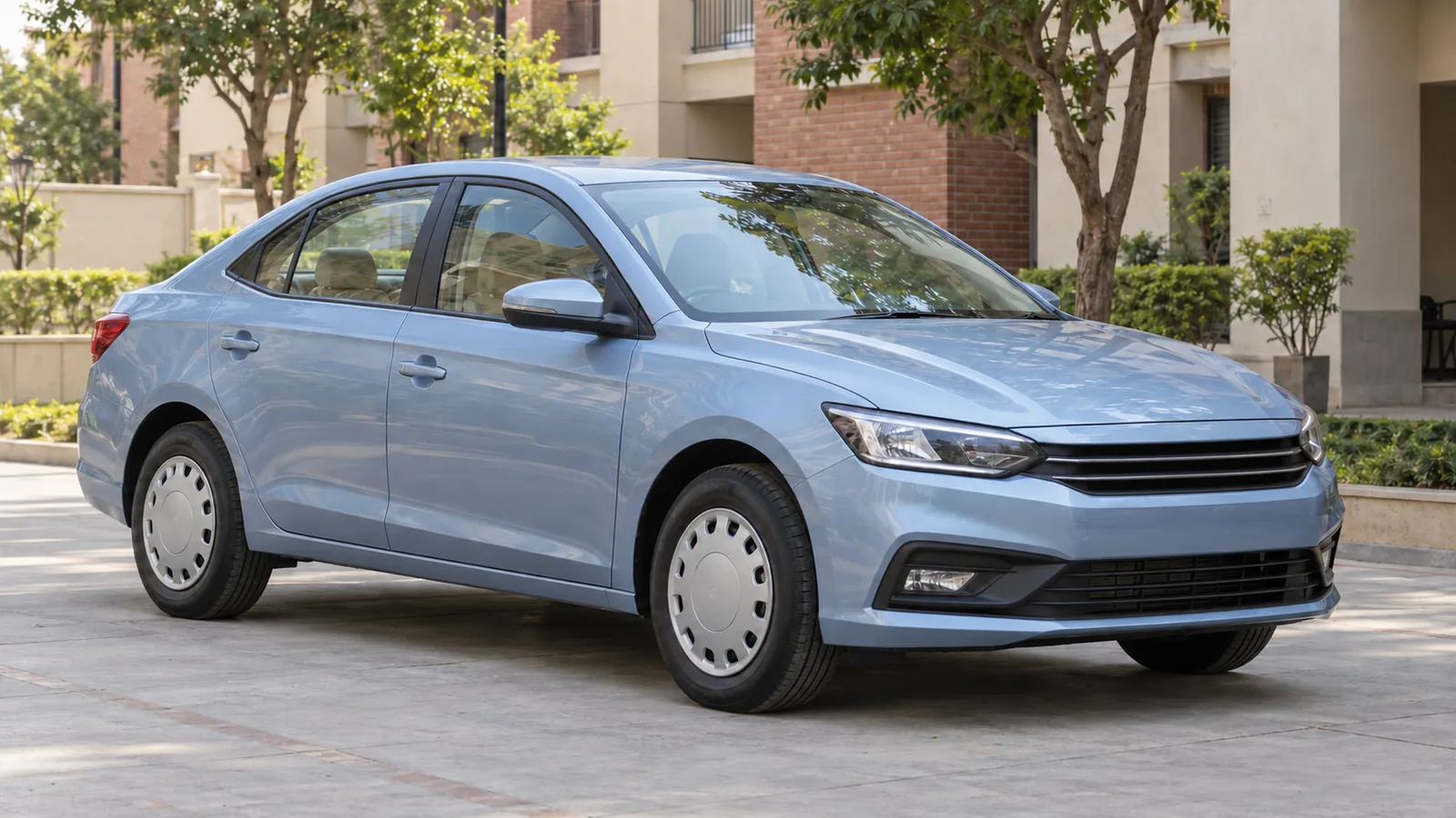 AI-generated generic unbranded pale blue sedan in a Chandigarh-style apartment courtyard, not an actual Hyundai Verna or official model design