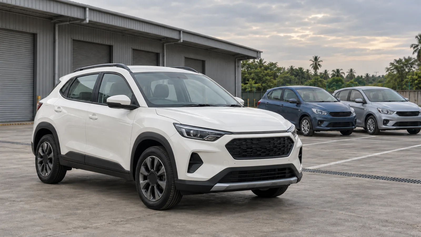 AI-generated illustration of generic unbranded cars in an Indian vehicle inspection yard, not an actual Inchcape facility or official model design