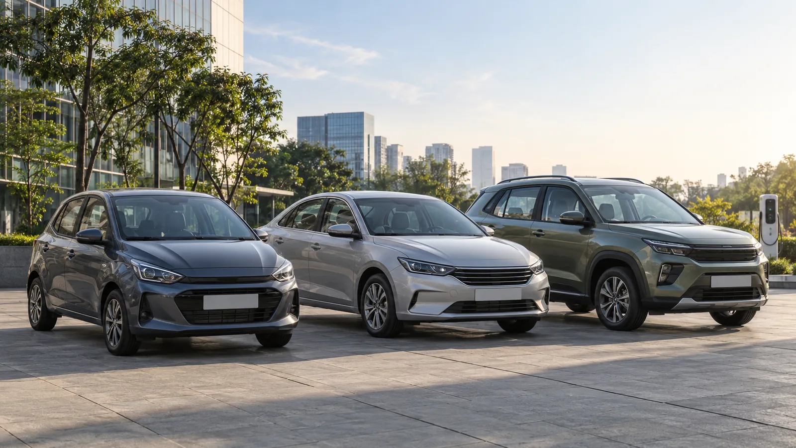 Three generic unbranded passenger cars representing India’s evolving fuel-efficient vehicle market
