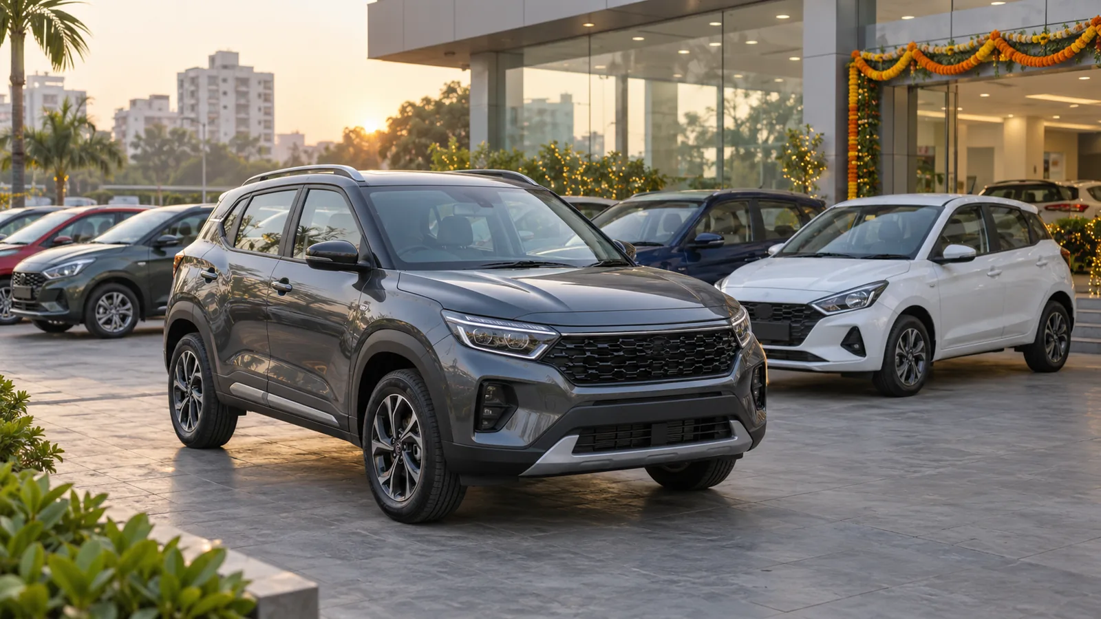 Illustrative generic compact SUV and cars outside a decorated Indian dealership at sunrise