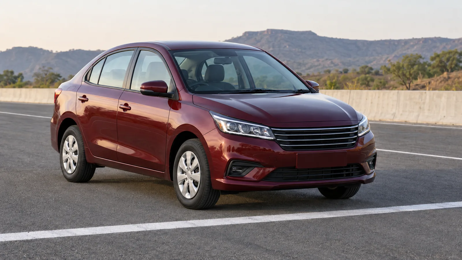 AI-generated generic unbranded burgundy sedan at an illustrative Indian test track, not an official vehicle or safety-test result