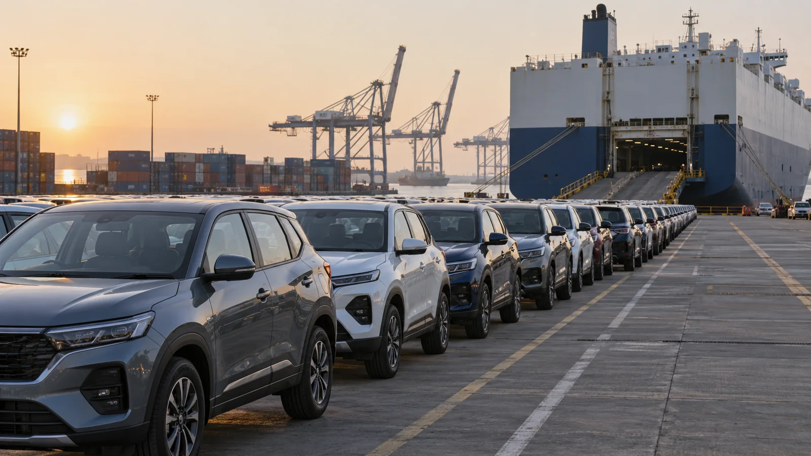 Generic unbranded passenger vehicles lined up for export at an Indian seaport vehicle terminal