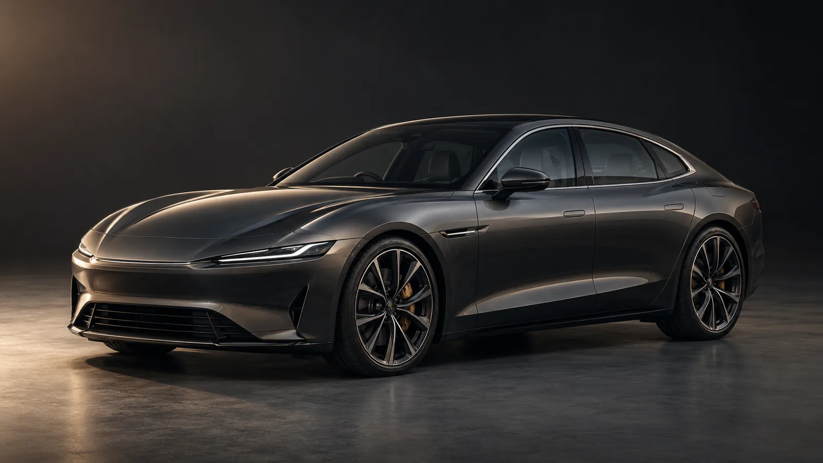 Illustrative generic unbranded electric grand tourer photographed in a dark studio