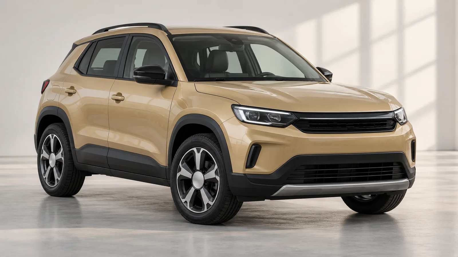 AI-generated illustration of a generic unbranded ochre compact SUV in a studio, not an actual Jeep Avenger