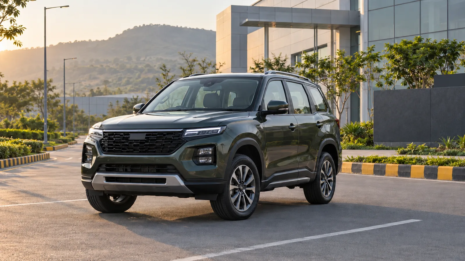 Illustrative generic unbranded rugged SUV outside a modern Indian automotive campus