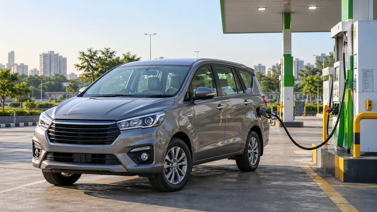 Illustrative generic seven-seat family MPV refuelling at a CNG station in an Indian city